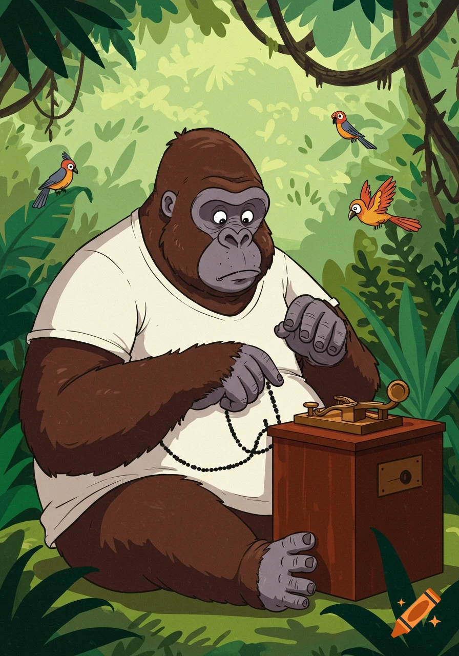 A cartoon gorilla in a white t-shirt operates a telegraph key in a jungle, with birds flying nearby.