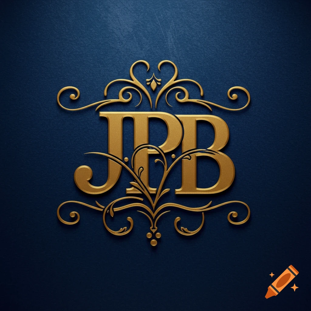 A golden monogram with the letters 'JPB' surrounded by ornate, swirling designs, set against a dark blue textured background.