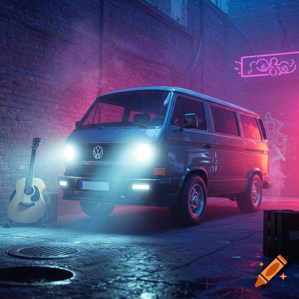 A dark Volkswagen van with bright headlights parked in a neon-lit alley beside an acoustic guitar on a stand. Photorealistic.