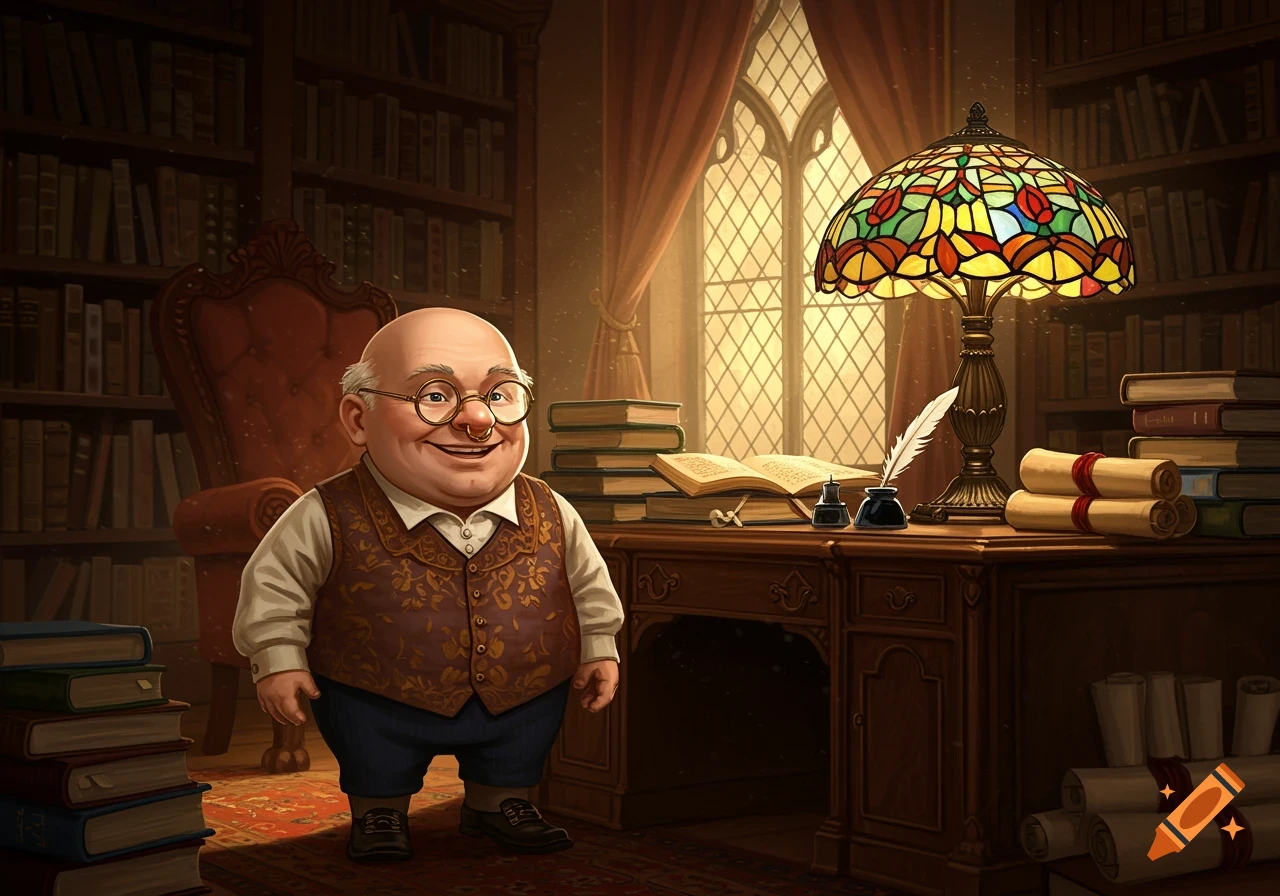 A smiling, bald, portly man with glasses stands in a whimsical cartoon library with a desk, books, and a stained-glass lamp.