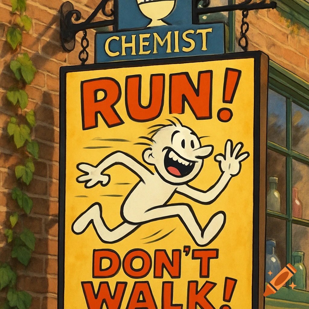 A humorous cartoon sign for a chemist shop features a running figure and the words 'RUN! DON'T WALK!' against a brick wall.