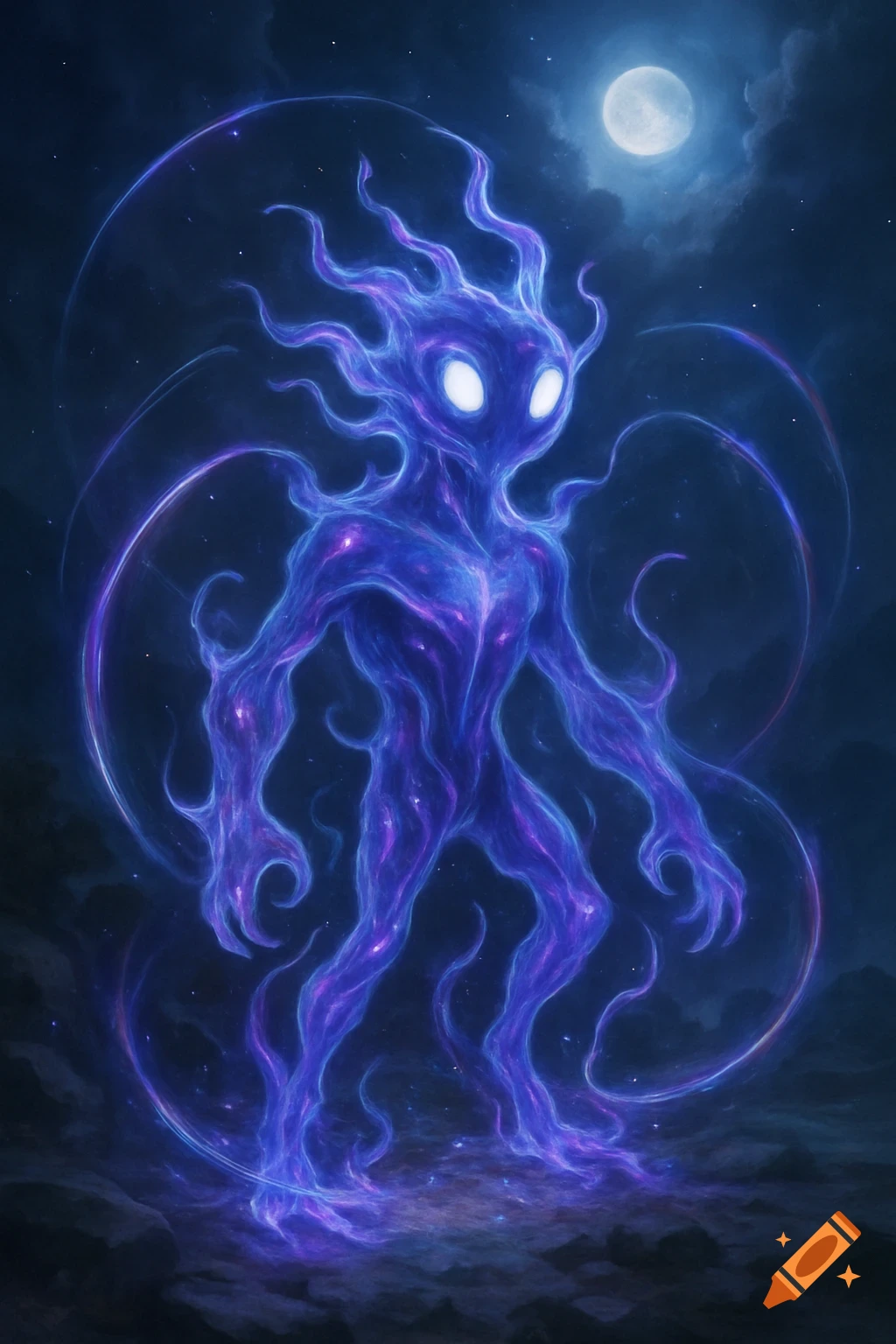 A glowing blue and purple ethereal creature with bright eyes stands under a full moon in a starry night sky.