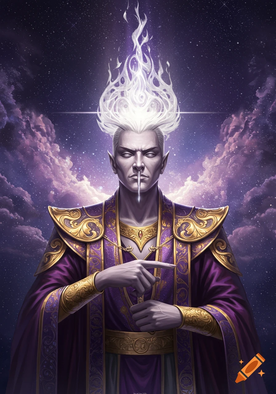 An ethereal fantasy character with white fiery hair, pale skin, pointed ears, and ornate purple and gold robes, stands against a starry purple night sky, pointing one finger.