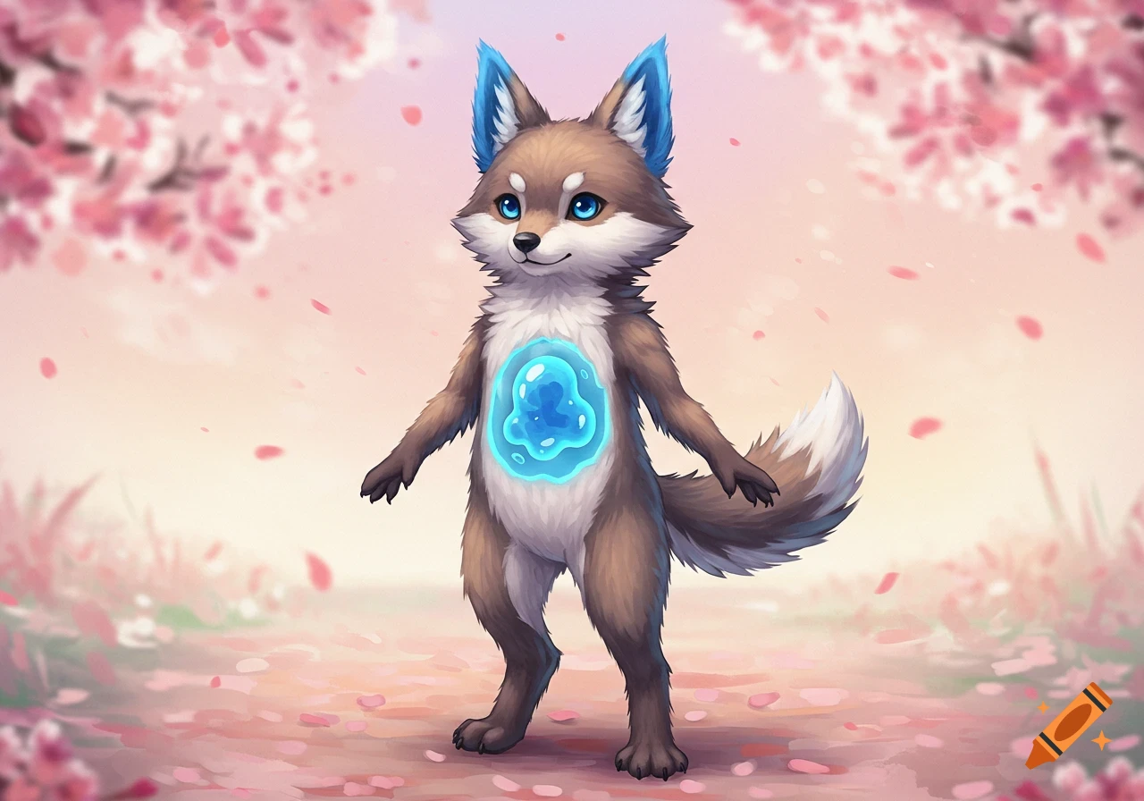 An anime-style creature with a cute wolf head, brown fur, blue-tipped ears, and a glowing blue orb in its chest, stands in a cherry blossom field.