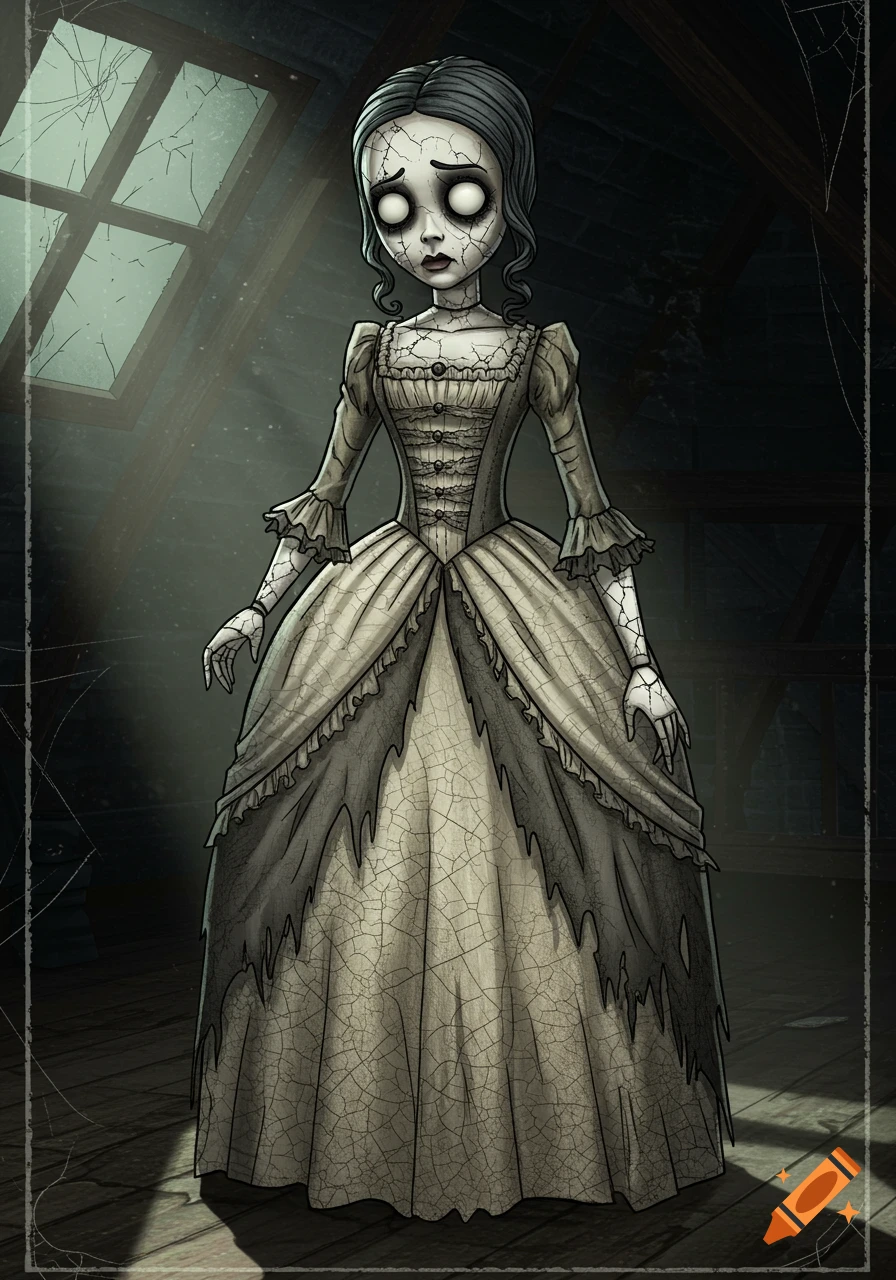 A full-body illustration of a creepy, cracked gothic doll in a tattered dress standing in a dark, dusty attic with a broken window.