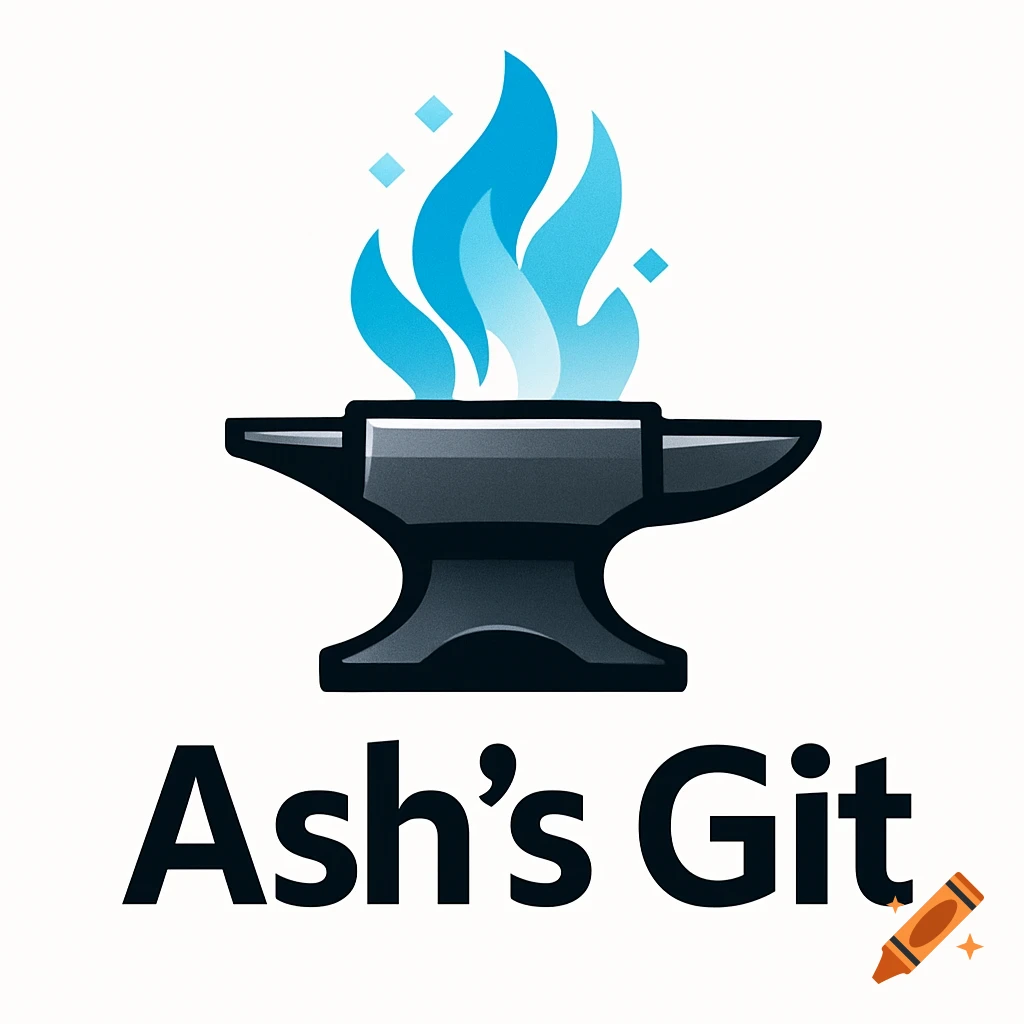 A vector-style logo featuring a black anvil with blue flames rising from it, and the text 'Ash's Git' below.