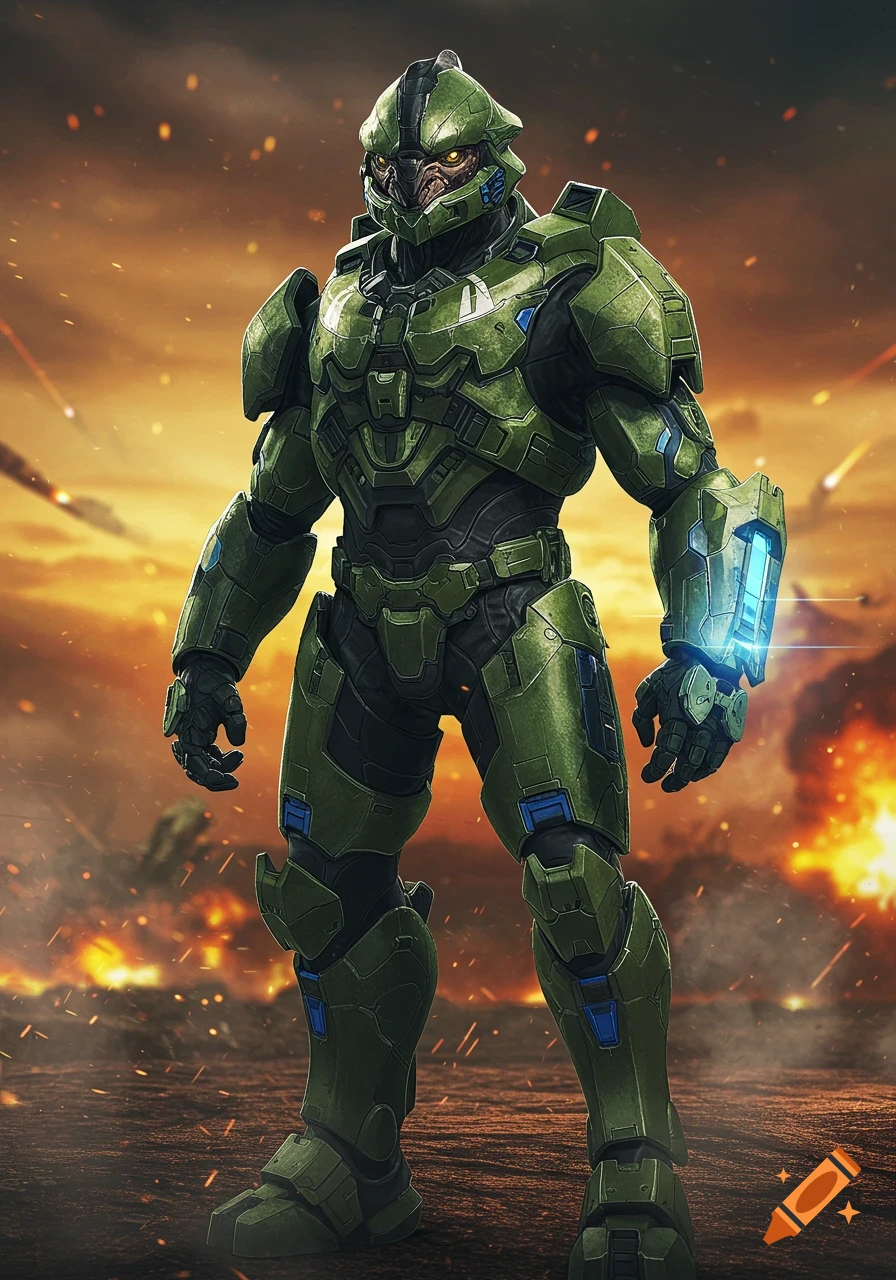 A large, green armored alien figure with glowing eyes stands on a battlefield with fire and debris, in a video game art style.
