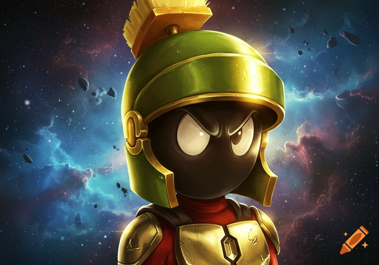 Marvin the Martian in a green and gold Mandalorian-style helmet, looking angry against a starry galaxy background.