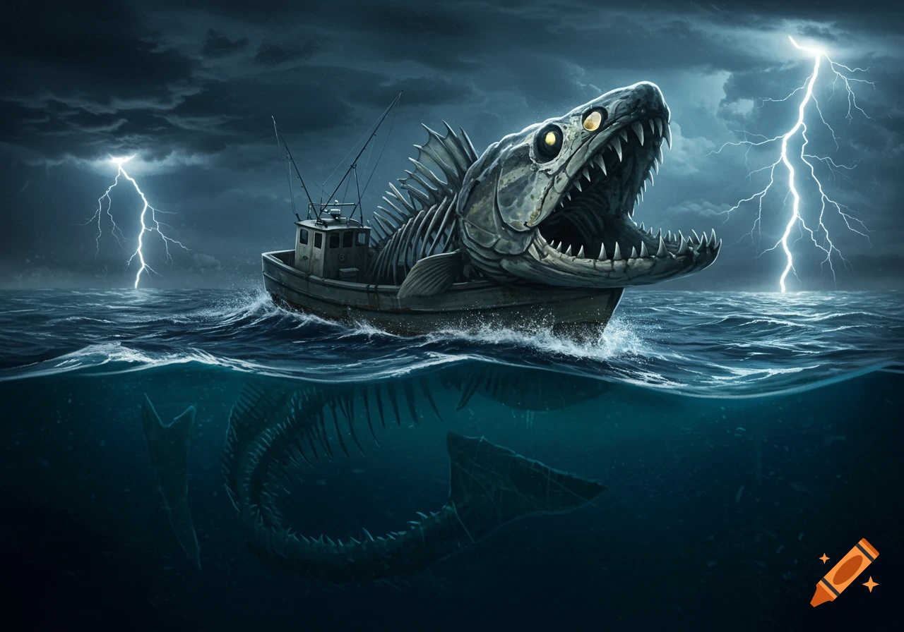 A massive skeletal fish with glowing eyes emerges from a stormy, lightning-filled ocean, its jaws open over a small fishing boat.