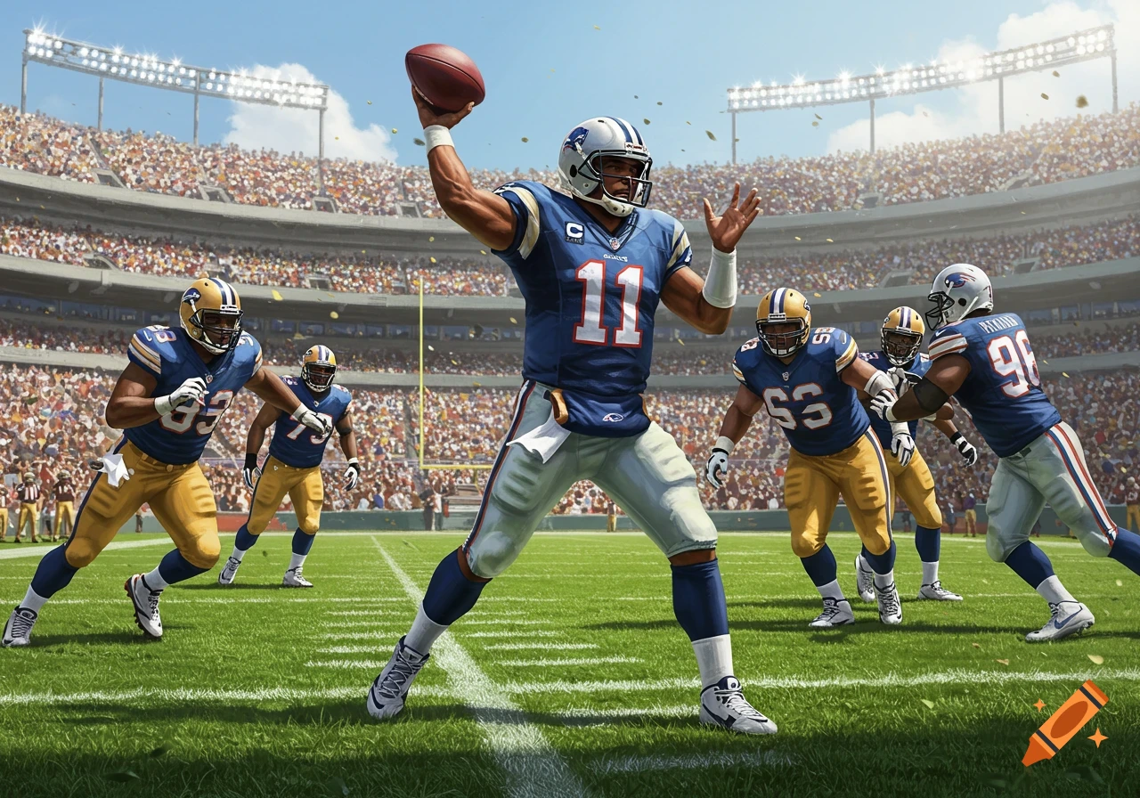 A football quarterback in a blue jersey with number 11 prepares to throw the ball on a green field in a crowded stadium.