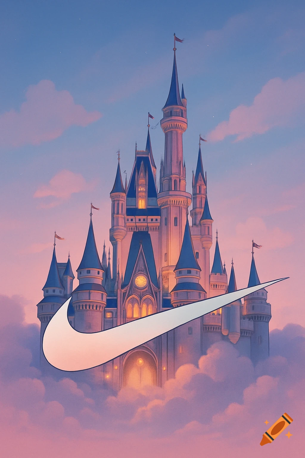 A stylized Disney-like castle at dusk with a large white Nike swoosh logo in front, surrounded by pink and blue clouds.