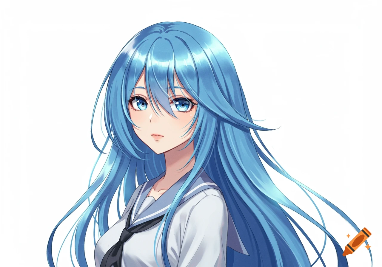 Anime girl with long, flowing blue hair and blue eyes, wearing a white school uniform with a black tie, looking forward on a white background.
