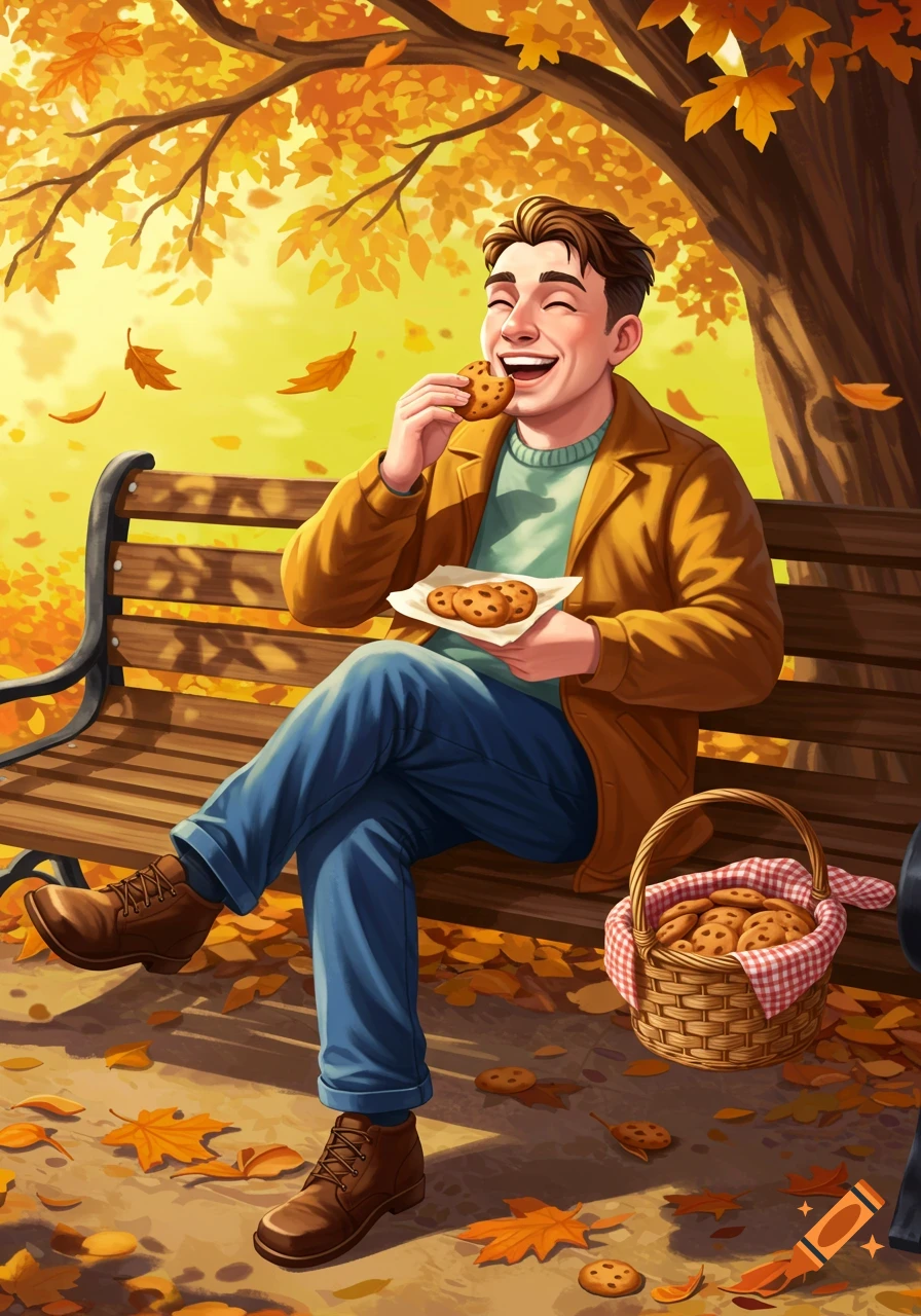 An illustrated man happily eats a cookie on a park bench surrounded by autumn leaves.