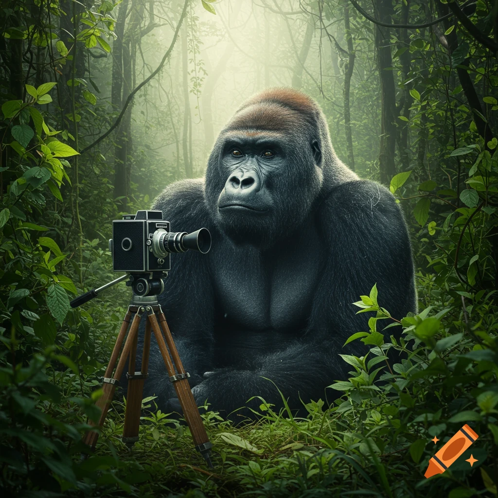 A photorealistic gorilla sits in a dense jungle next to an old-fashioned film camera on a tripod, looking intently forward.