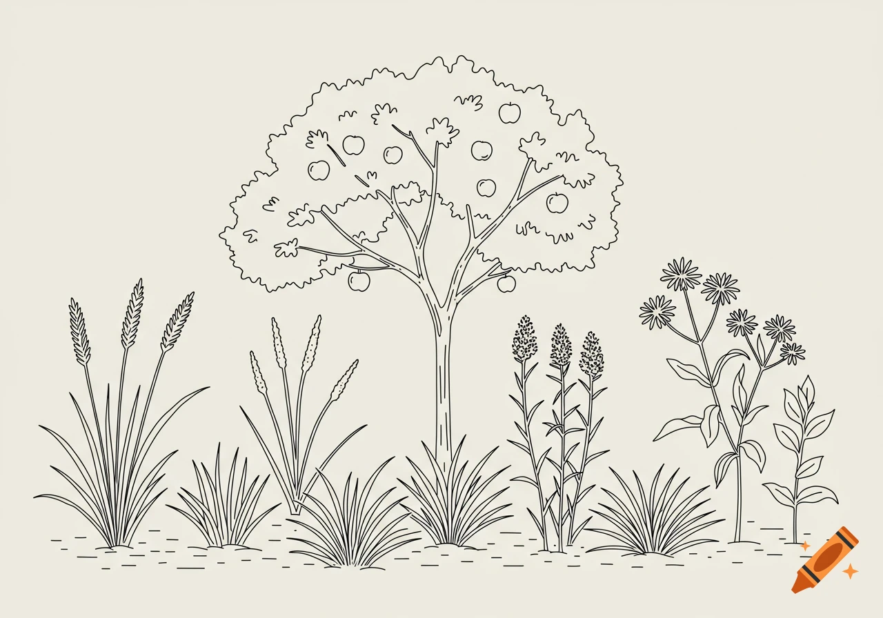 A minimalist line art illustration featuring an apple tree surrounded by bluestem grass, liatris, and subtle milkweed.