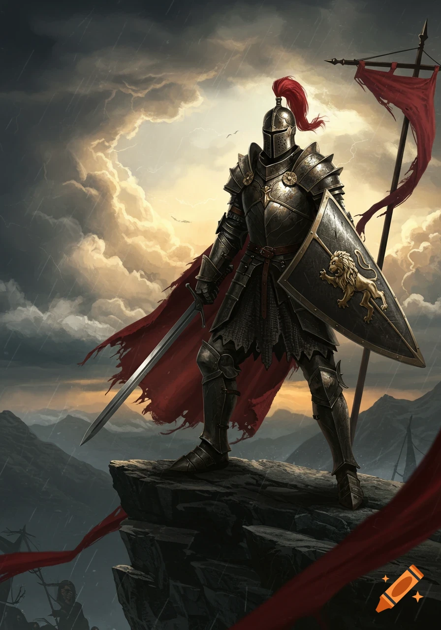 A valiant knight in full plate armor holds a sword and a shield with a lion emblem, standing on a rocky cliff under a dramatic, stormy sky.