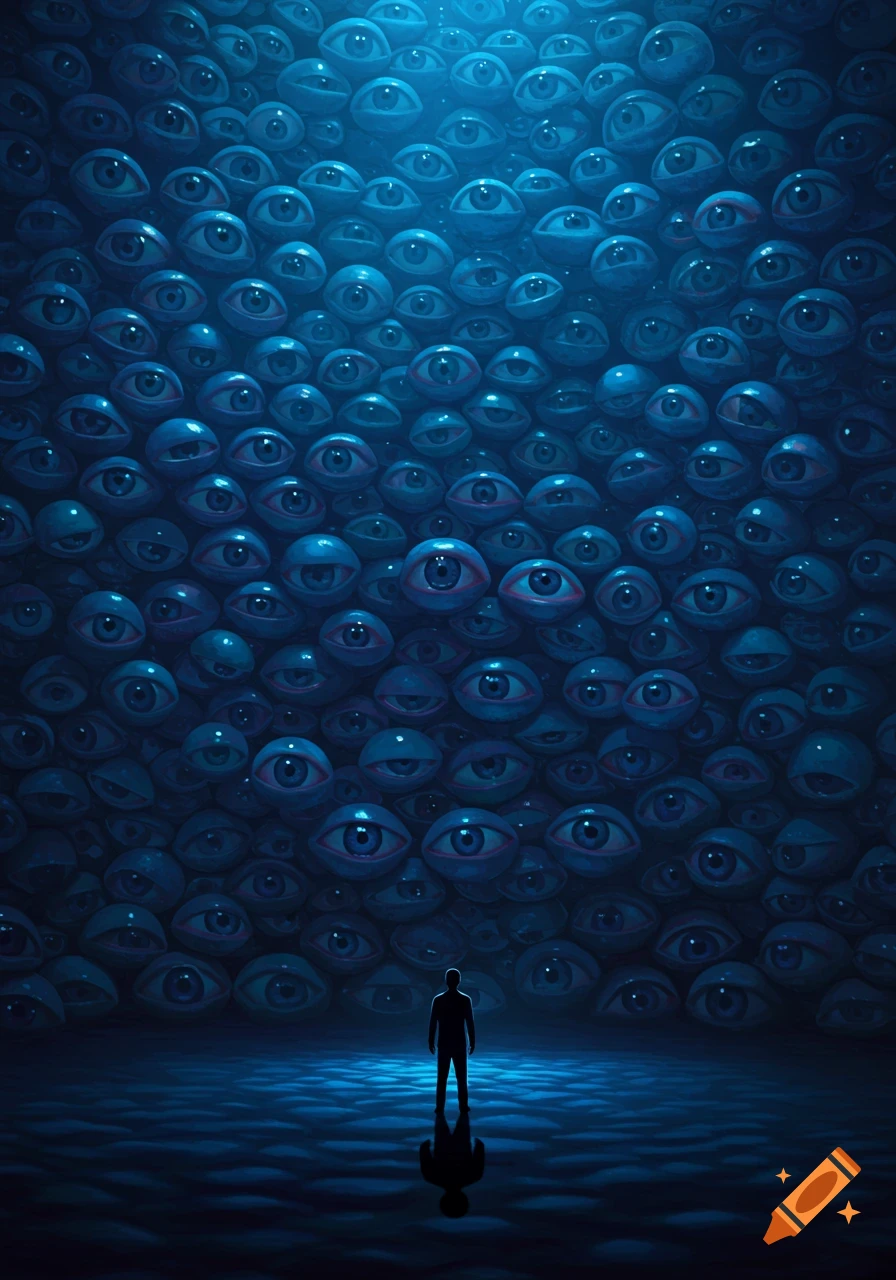 A silhouetted man stands in a dark blue room facing a large wall covered entirely with glowing blue eyeballs.