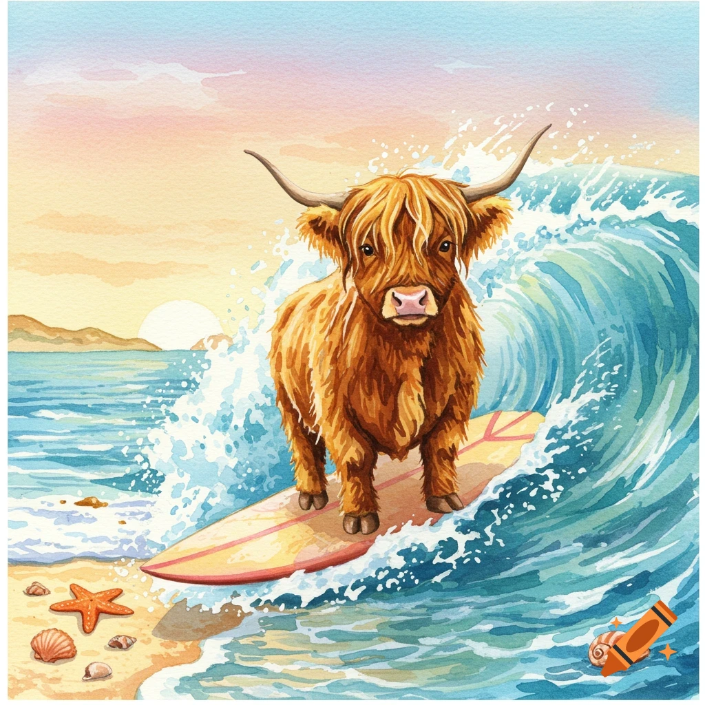 A watercolor illustration of a shaggy Highland cow surfing a blue ocean wave at sunset, with seashells on the sandy beach.