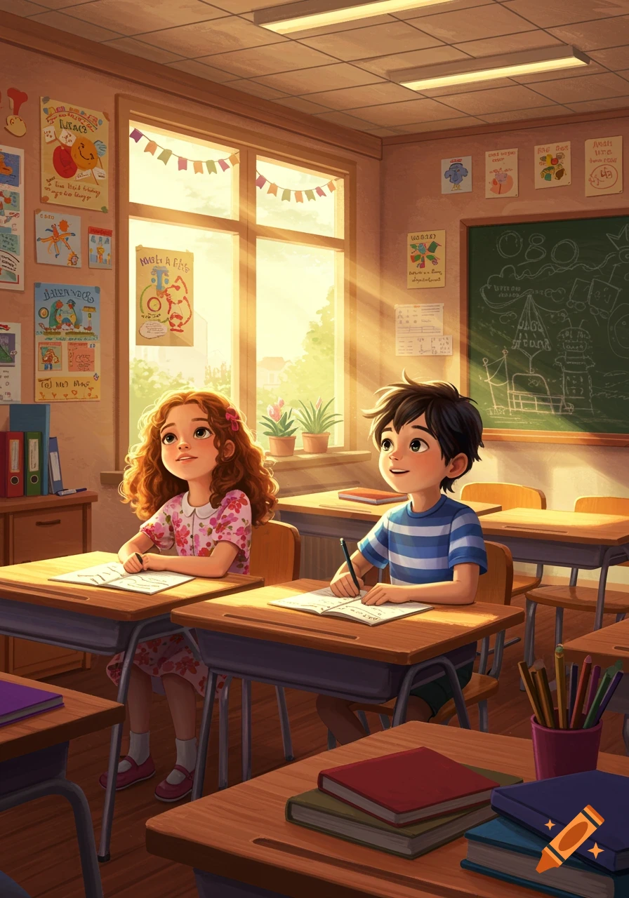 A boy and girl studying at desks in a sunny classroom, filled with colorful drawings and a blackboard.