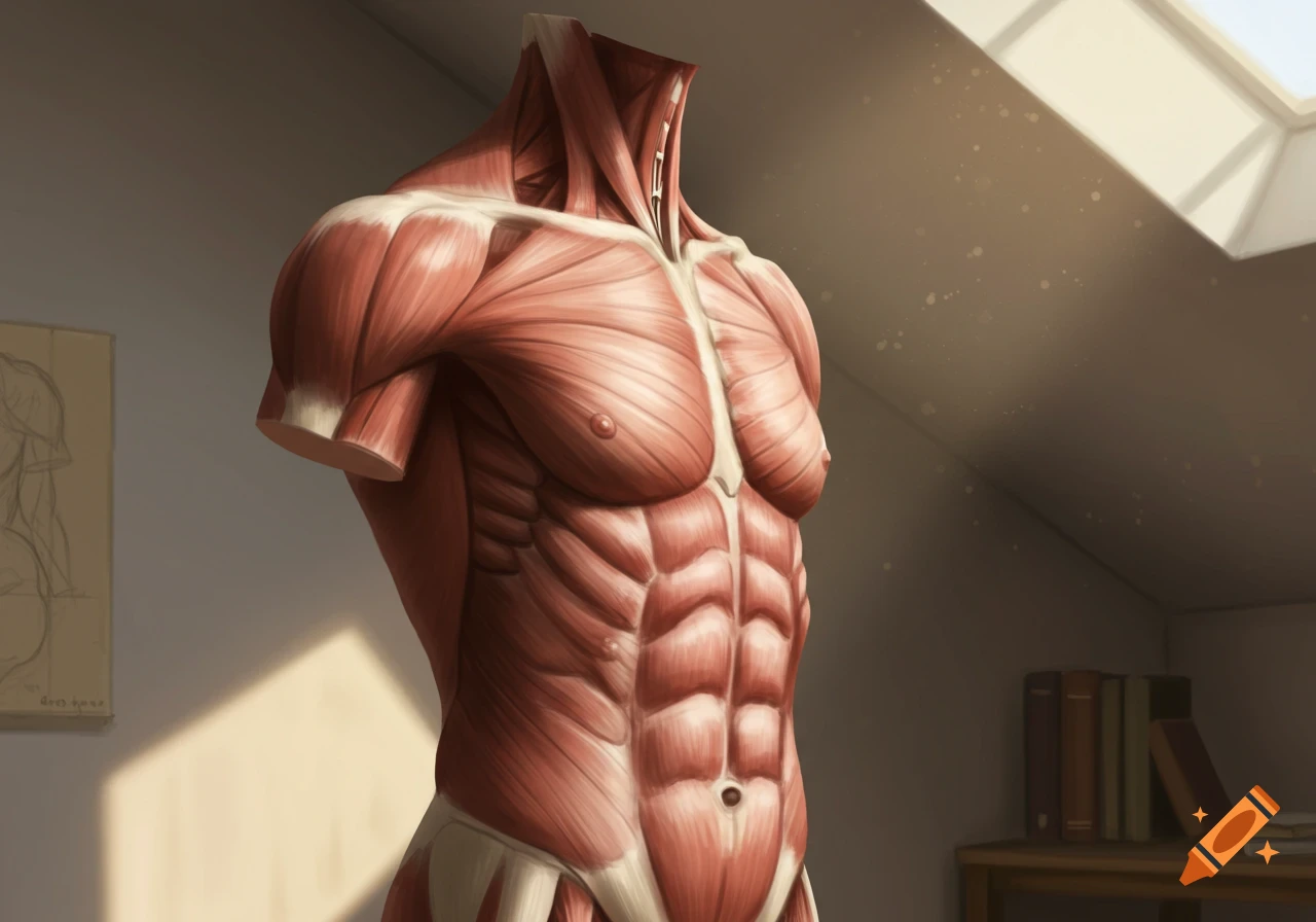 A detailed anatomical model of a human torso, showing muscles, in a sunlit studio.