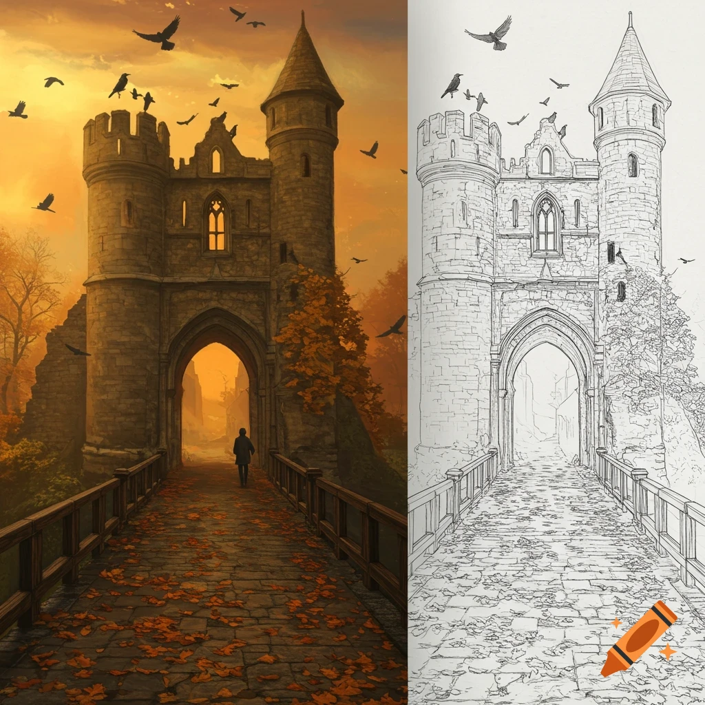 A split image of a ruined castle gatehouse and bridge in autumn; the left is a colorful painting, the right is a detailed line drawing.