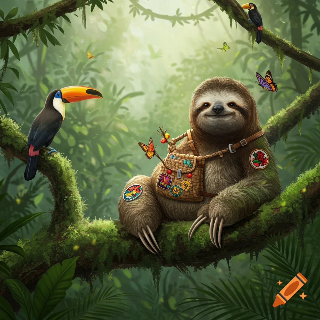 A happy sloth with a decorated backpack sits on a mossy branch in a lush jungle with toucans and butterflies.
