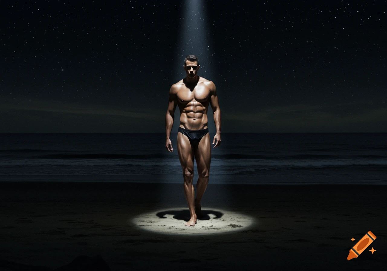 A muscular man in a speedo illuminated by a spotlight on a dark beach at night under a starry sky.
