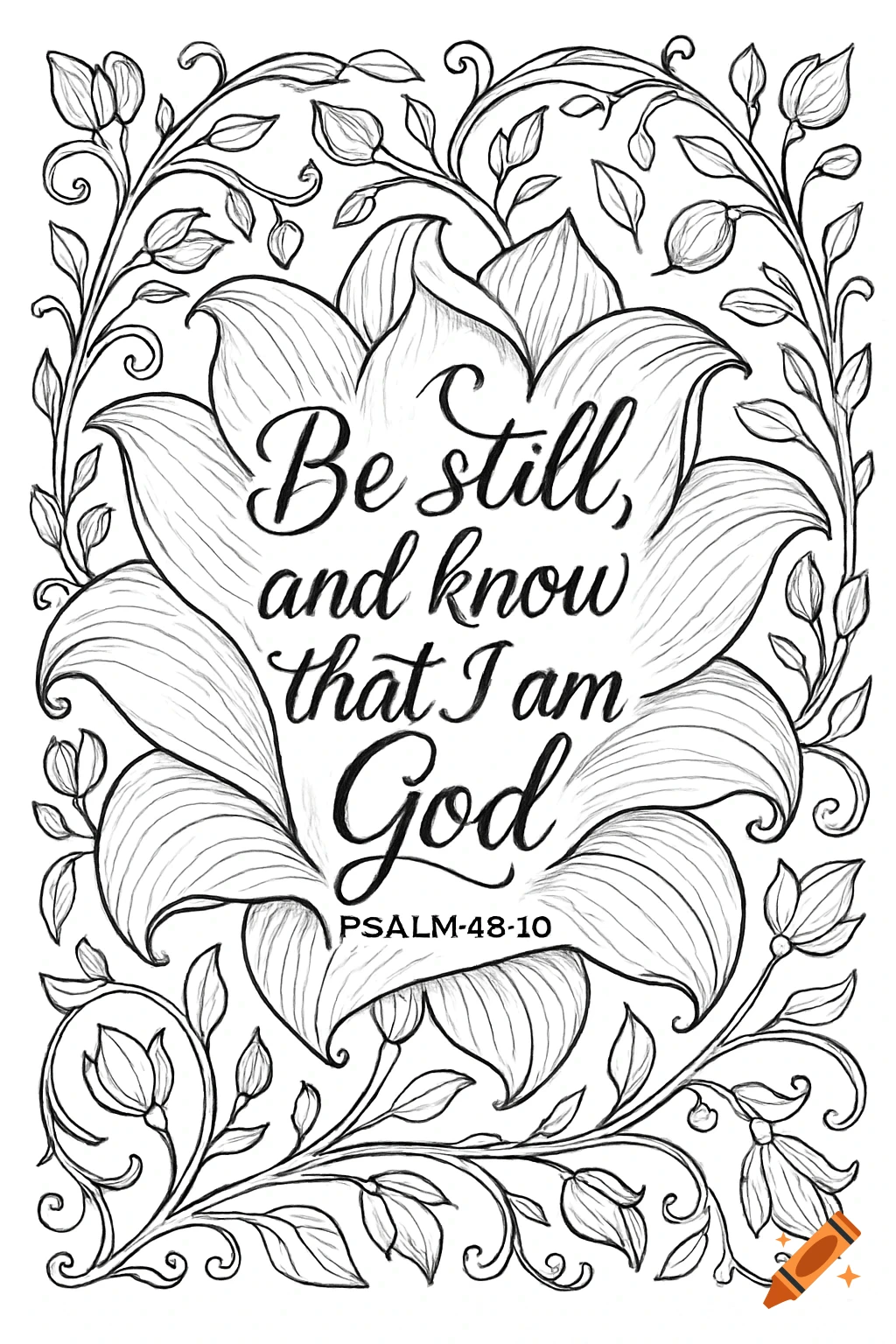 A black and white coloring page with a detailed floral border surrounding the Bible verse, "Be still, and know that I am God," from PSALM-48-10.