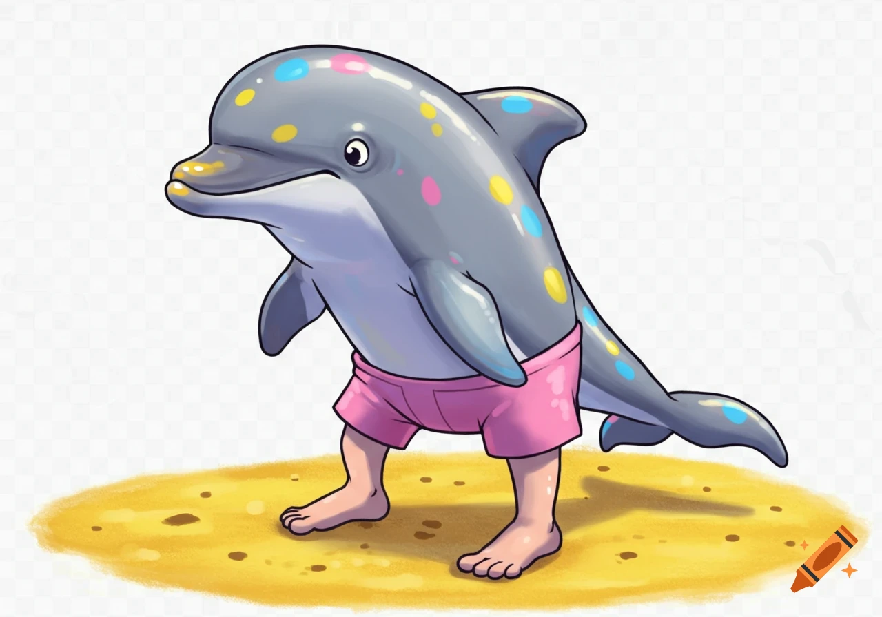 A cartoon dolphin with colorful polka dots stands on two human-like legs in pink shorts on a patch of sand.