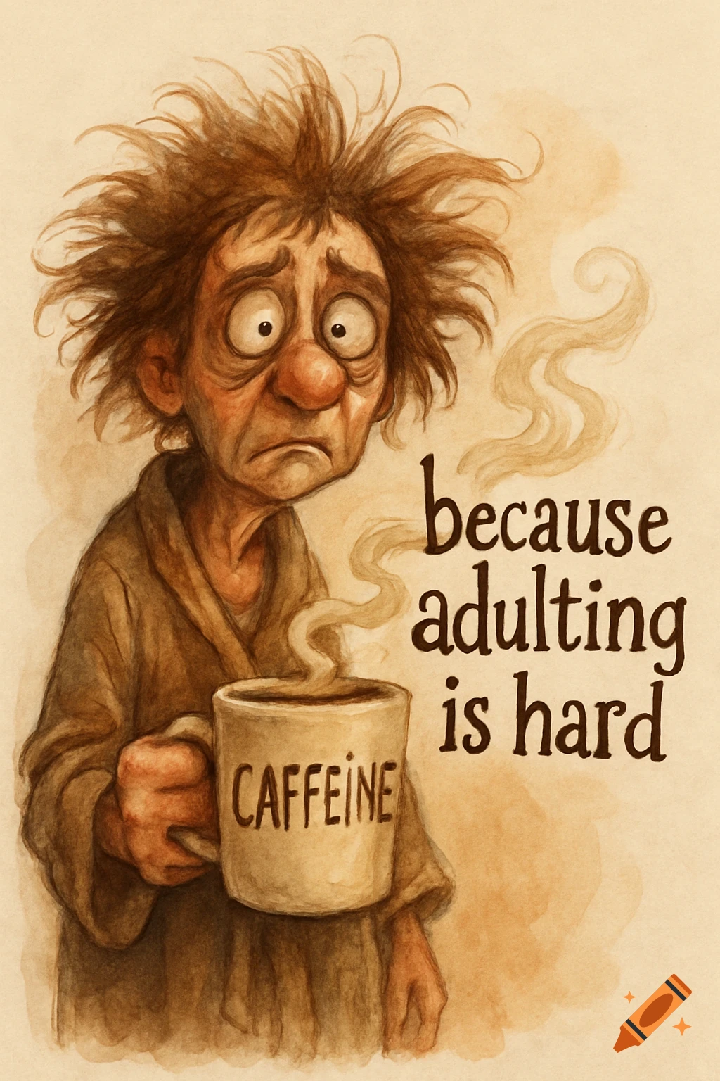 A humorous caricature of a disheveled, tired person holding a coffee mug that says "CAFFEINE". Text next to them reads "because adulting is hard" in an illustrated, watercolor style.