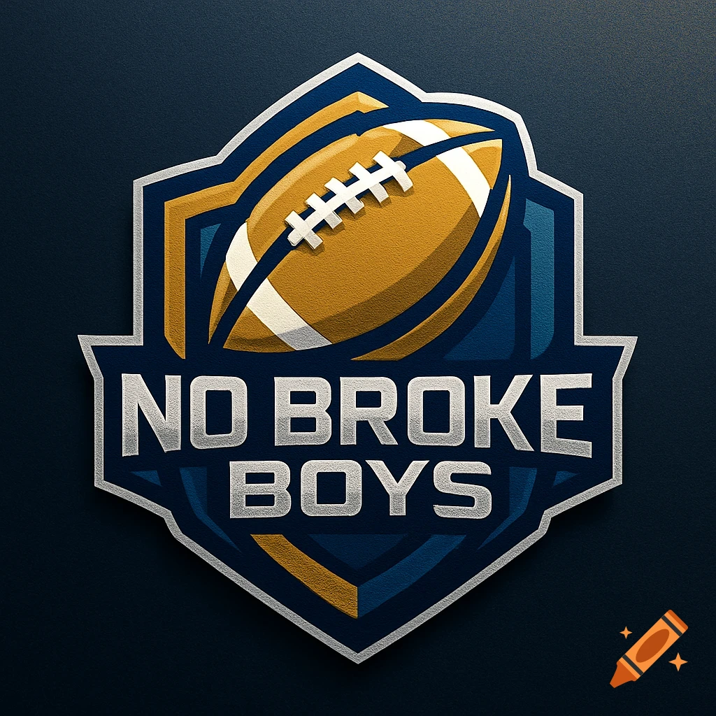 A football logo with a gold football inside a blue and gold shield, featuring the silver text 'NO BROKE BOYS'.