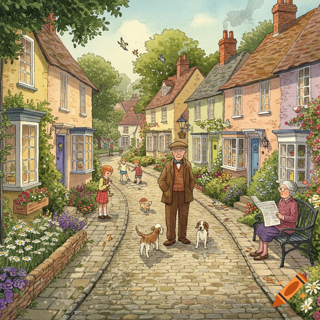 Watercolor illustration of a charming village street with colorful houses, an old man, woman reading, children, and dogs.