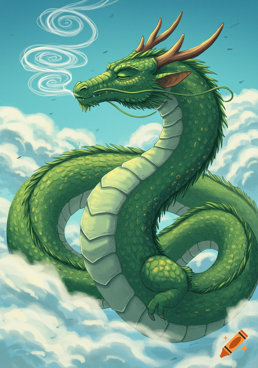 A majestic green dragon with closed eyes exhales white smoke, floating gracefully among fluffy white clouds in a bright blue sky.