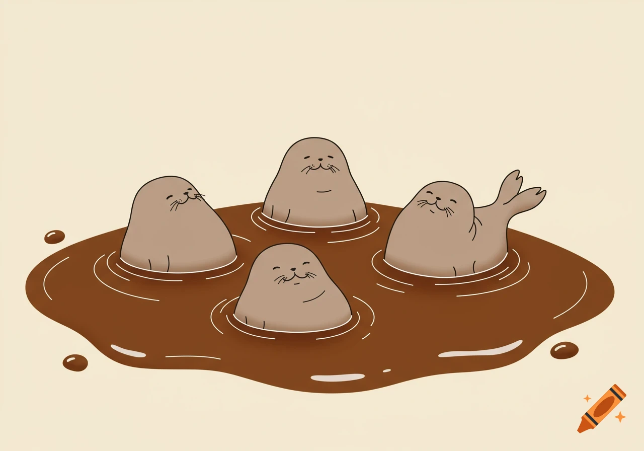 Four happy cartoon seals smile as they bathe in a pool of brown liquid.