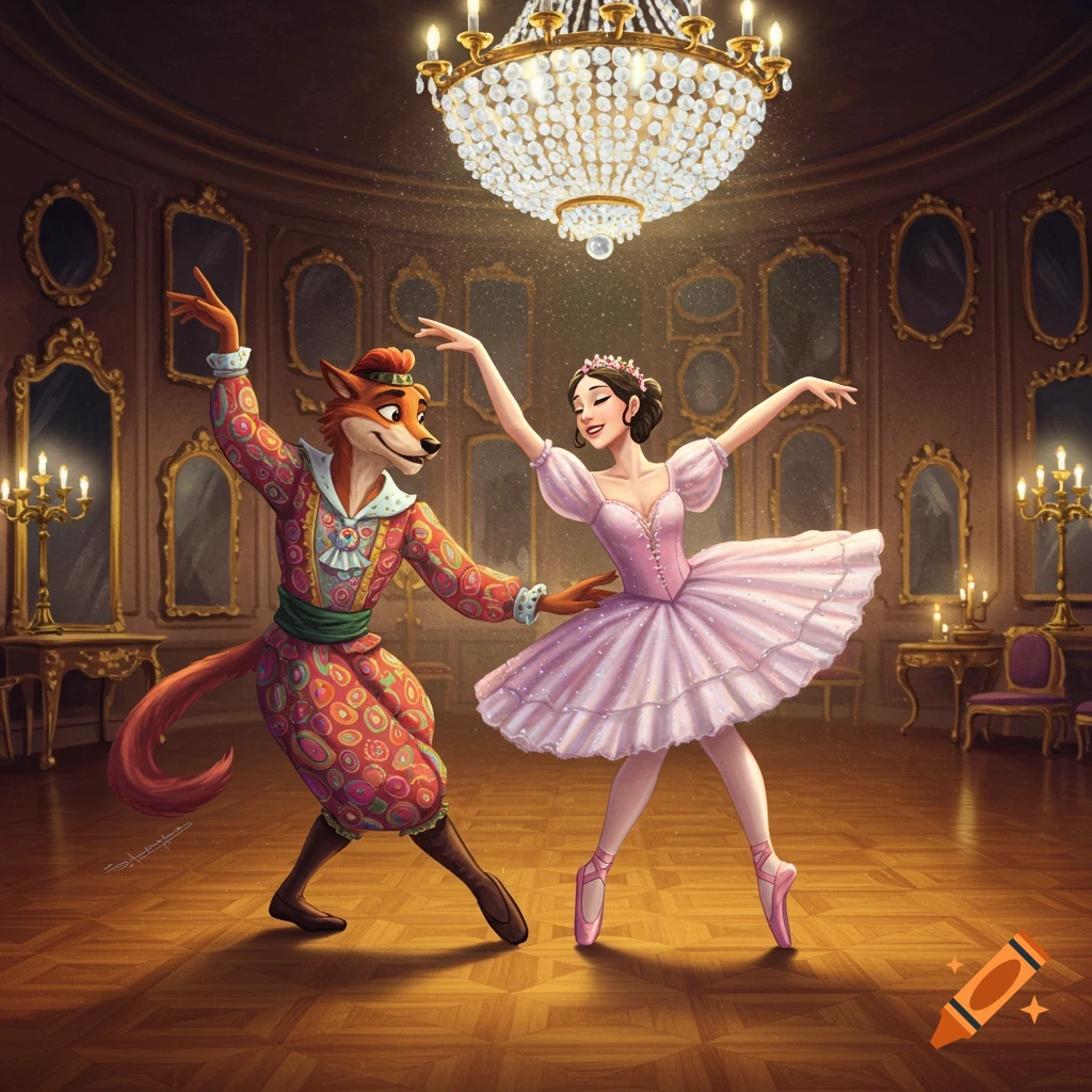 An illustrated anthropomorphic fox and ballerina dance in a grand ballroom under a sparkling chandelier.