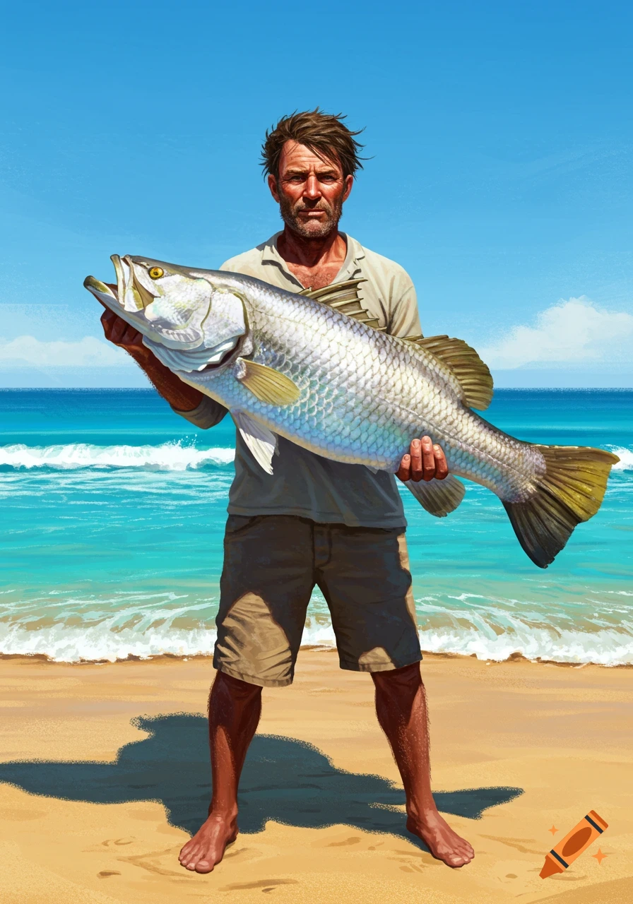 A rugged man stands on a sandy beach holding a large, realistic barramundi fish, with blue ocean waves in the background. Illustrated.