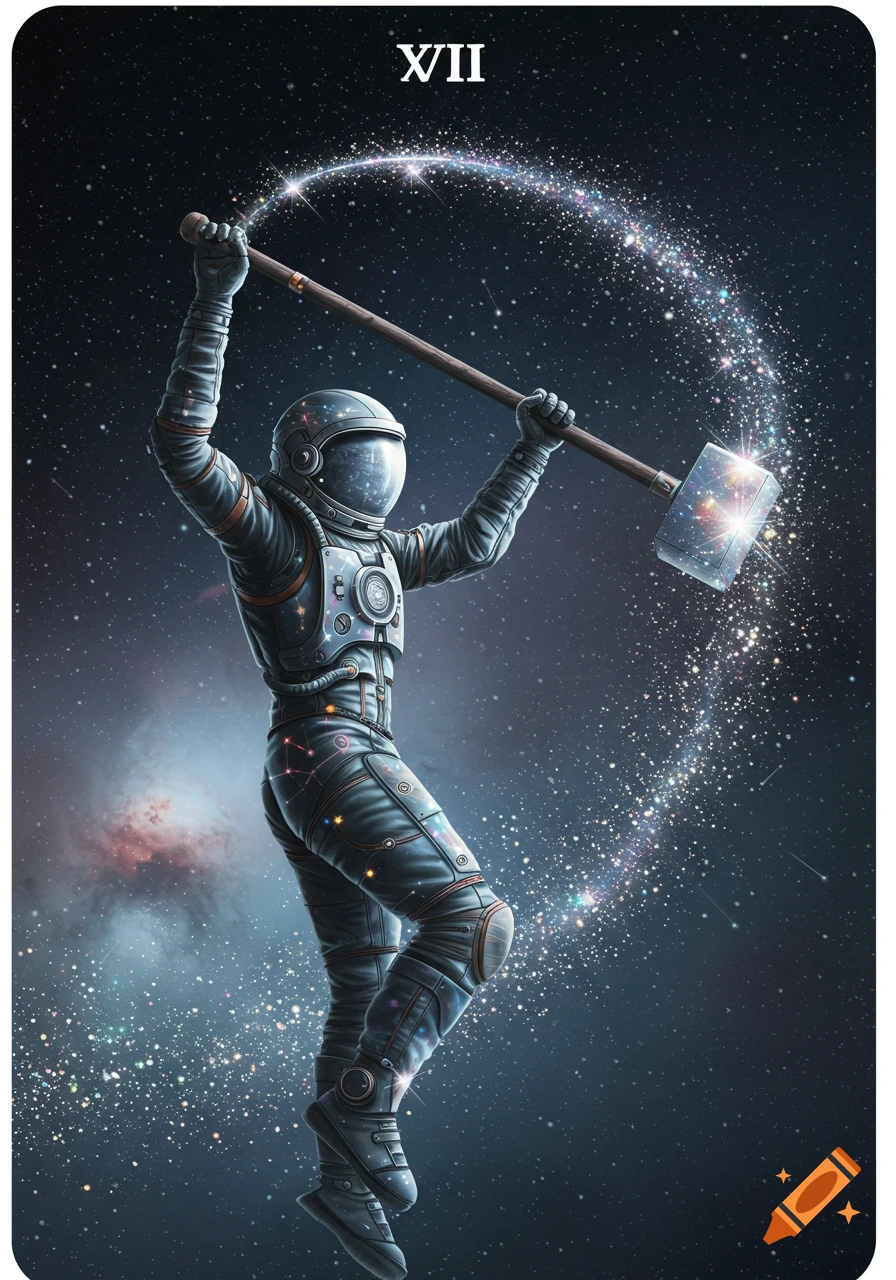 An astronaut in a space suit swings a celestial hammer, creating an arc of stars in deep space, stylized as a tarot card.