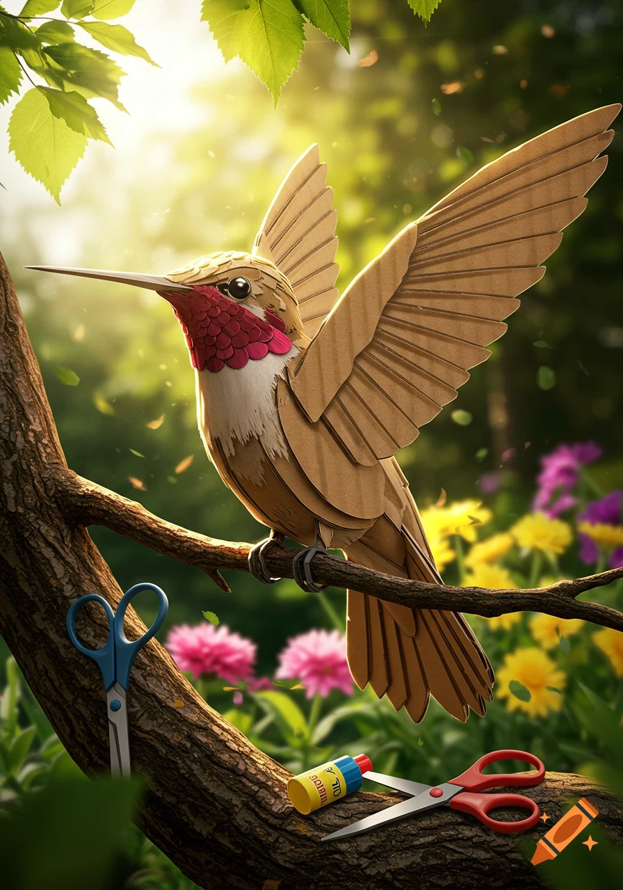 A realistic cardboard hummingbird with a red throat perches on a tree branch, next to blue and red scissors and a glue bottle, in a sunlit garden.