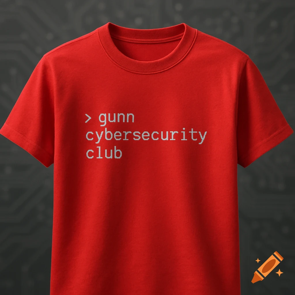 Red t-shirt with the text '> gunn cybersecurity club' in white, displayed against a dark background.