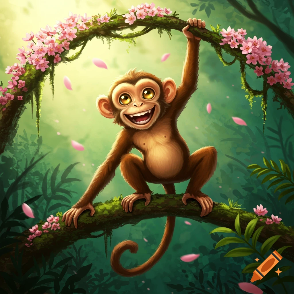 A vibrant cartoon monkey with big eyes and a wide smile swings from a flower-covered tree branch in a lush green jungle.