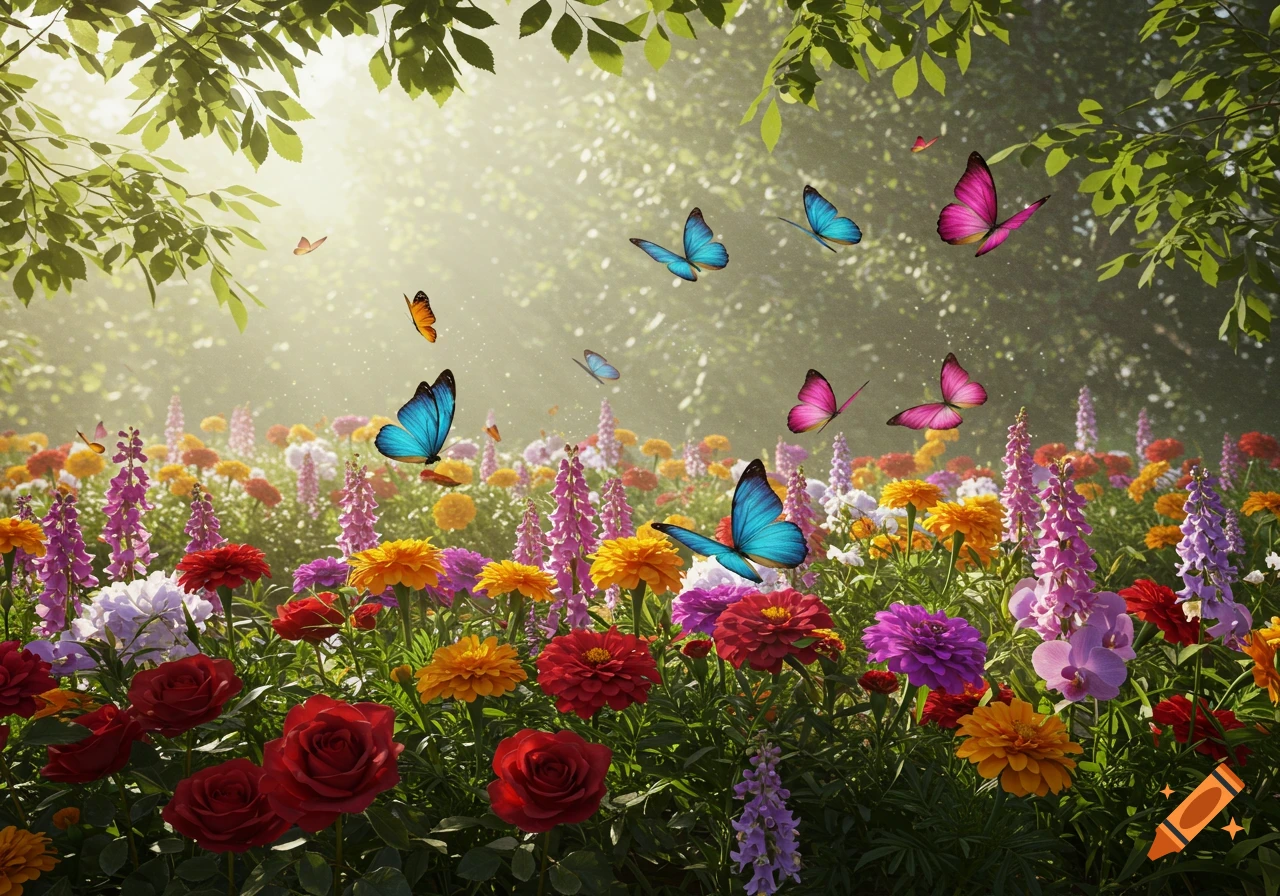 Brightly lit garden with various colorful flowers like red roses, purple lupins, and yellow marigolds, with blue and pink butterflies flying amongst them.