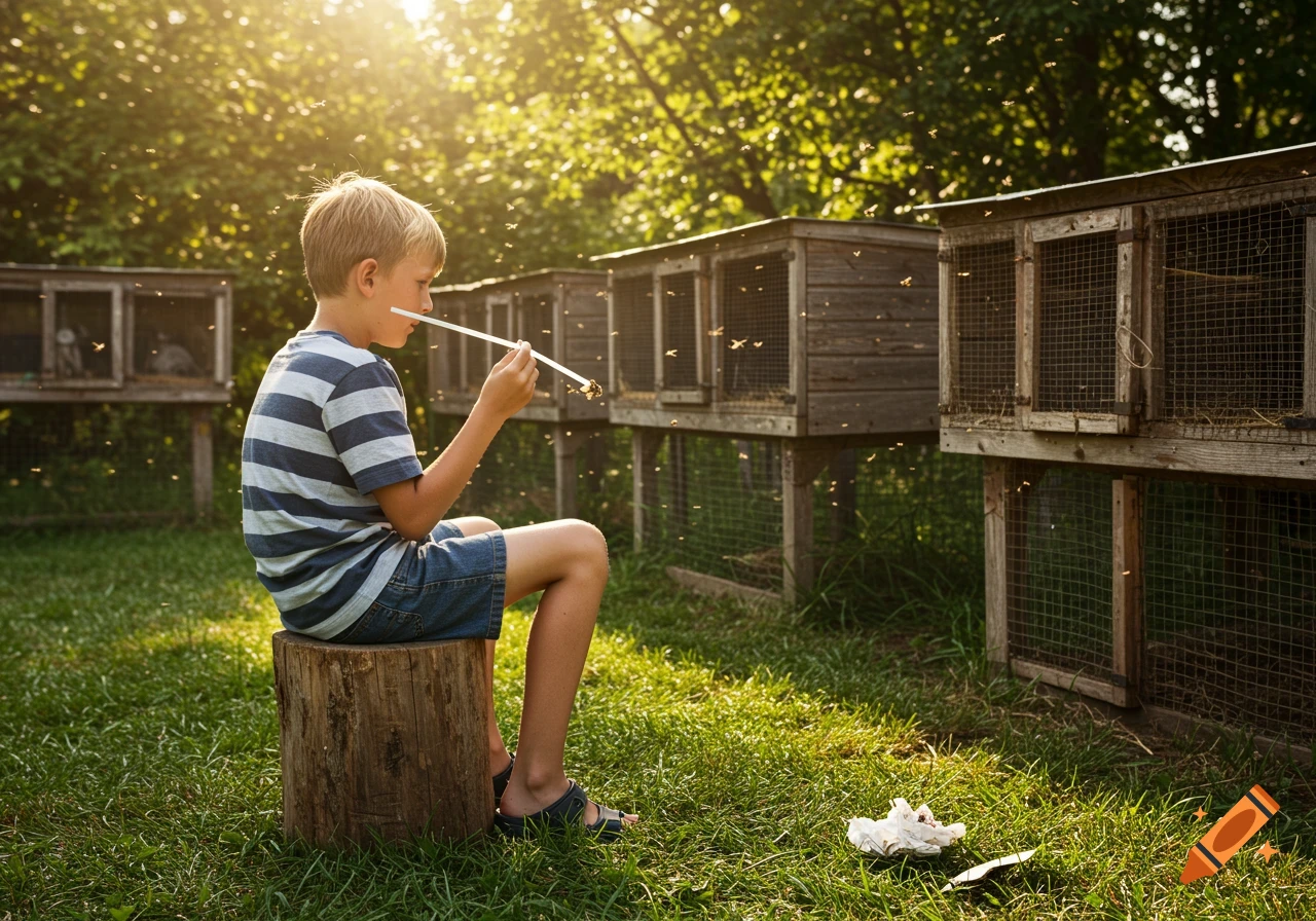 A boy sits on a tree stump, aiming a spitwad through a straw at flies buzzing around wooden rabbit pens in a sunny backyard.