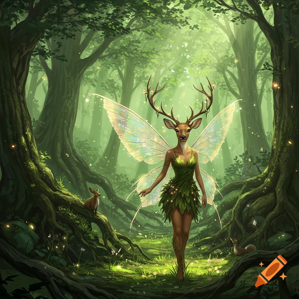 A mystical deer-headed fairy with iridescent wings stands in a lush, sunlit forest.