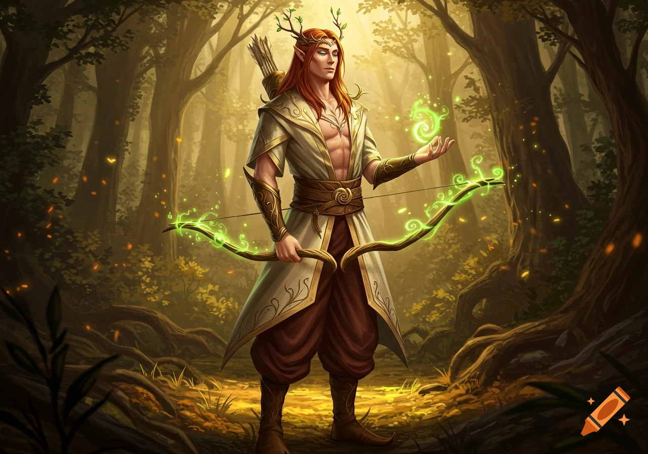 A noble wood elf prince with long red hair and antlers holds a glowing bow and magic in an enchanted forest.