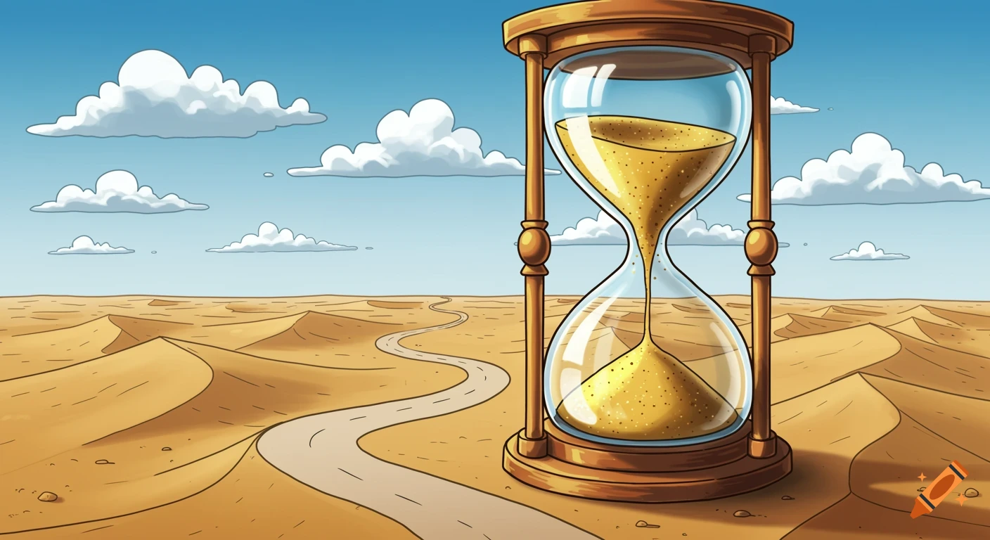 A cartoon illustration of a giant hourglass in a desert landscape with sand dunes and a winding road under a blue sky.