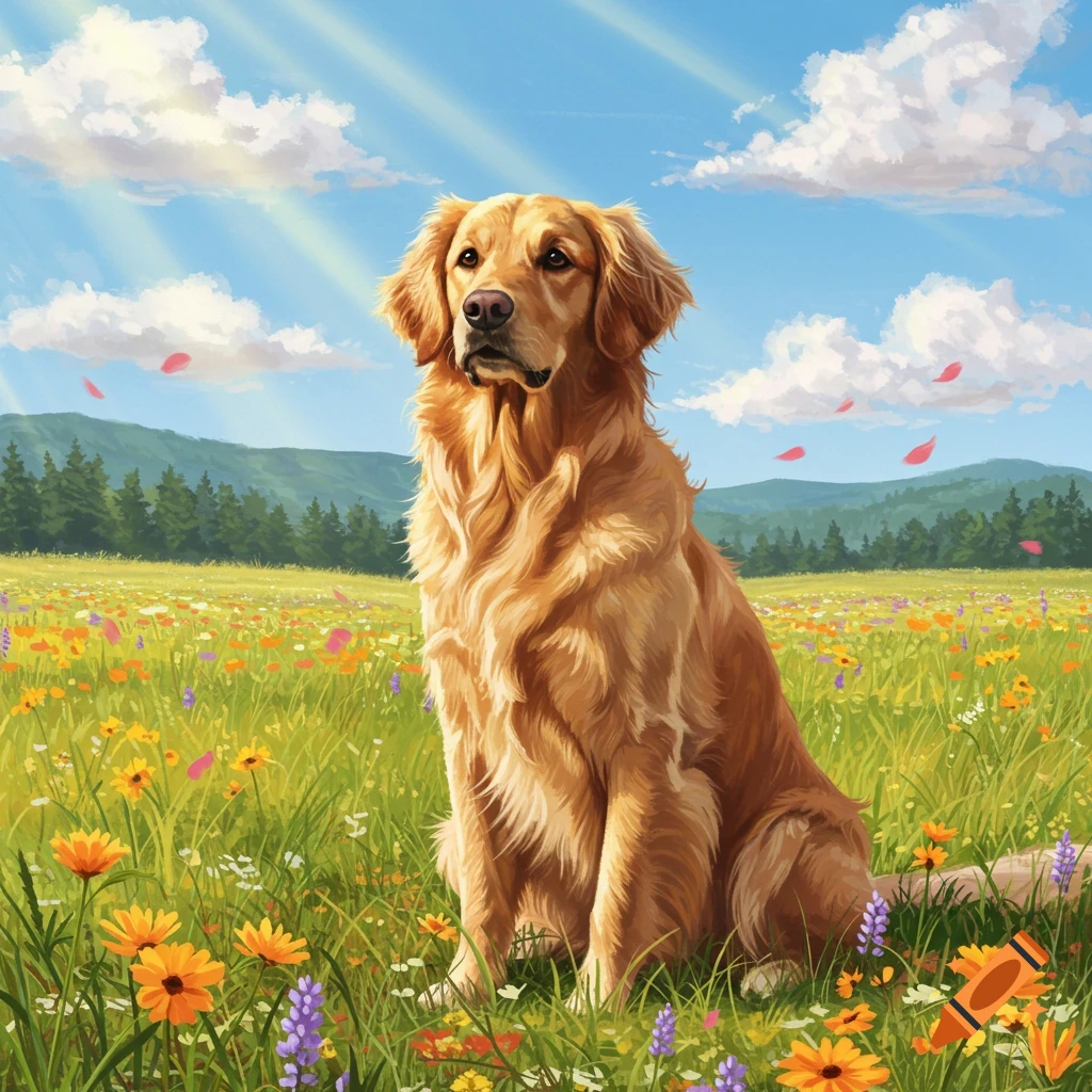 A golden retriever sitting in a sunlit field of colorful wildflowers under a blue sky with clouds.