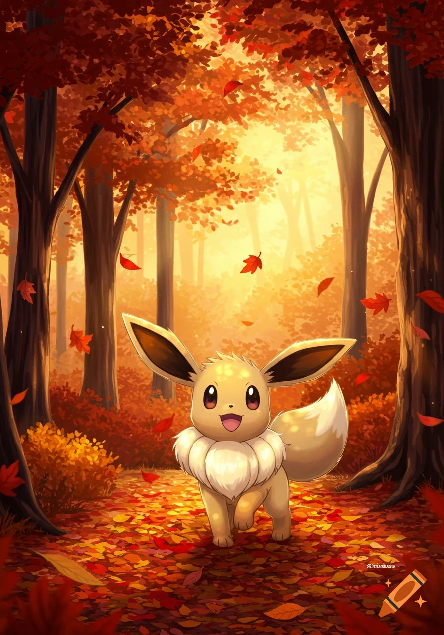 An illustrated Eevee stands happily in a vibrant autumn forest with colorful falling leaves.