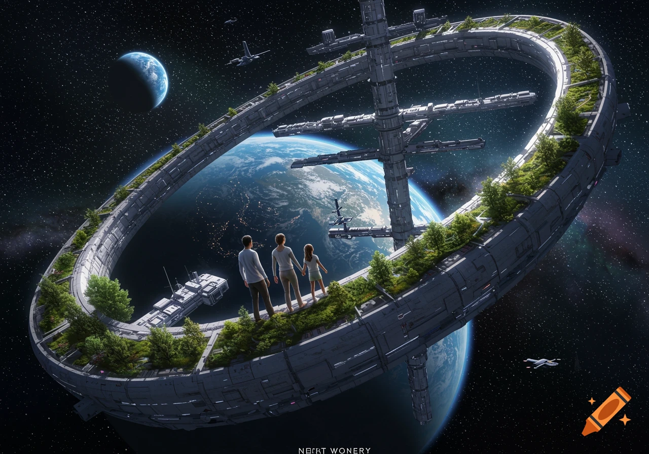 A family on a lush, green space habitat ring orbits Earth, gazing at the planet and stars.