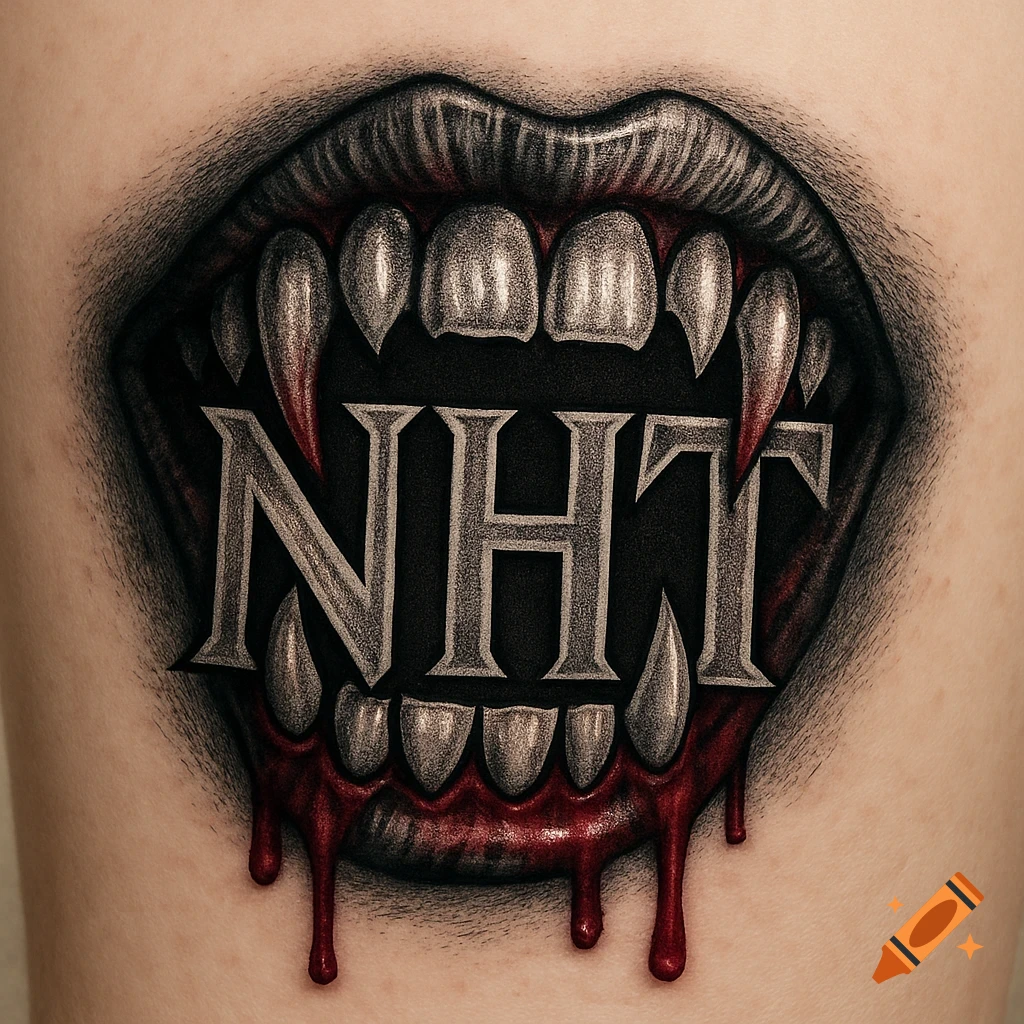 A stylized tattoo of a vampire's mouth with fangs and dripping blood, featuring the letters NHT in the center.