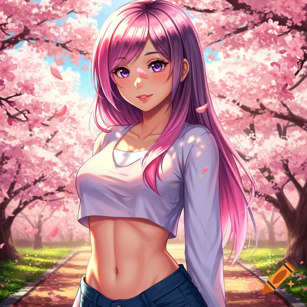 Anime girl with long pink hair, purple eyes, crop top, and jeans, showing abs and belly button, standing on a path in a cherry blossom park.